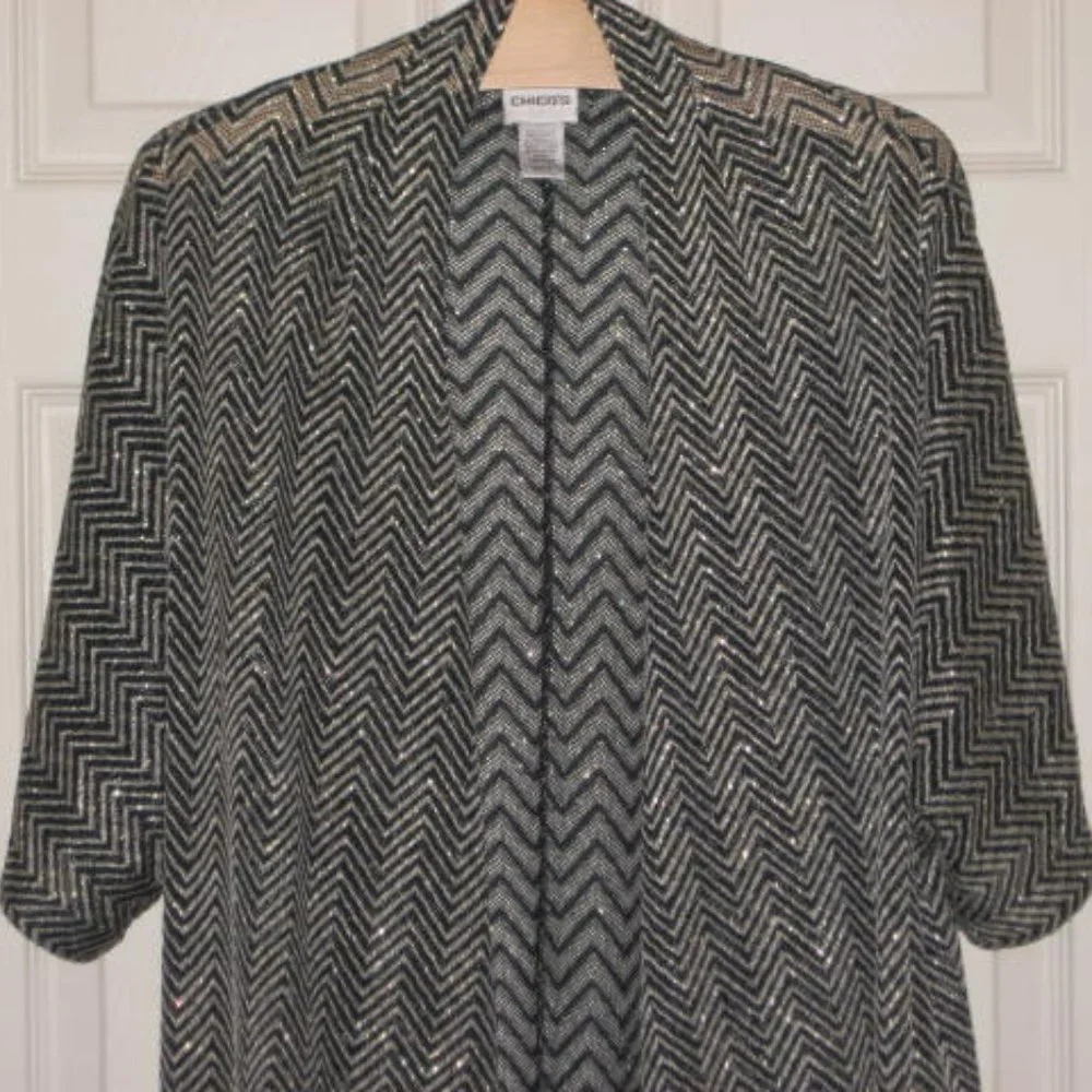 Chicos Size 2 L Open Cardigan Ruana Wrap Sweater Black Gold Metallic Excellent - Picture 5 of 10